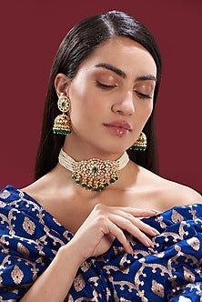 Gold Plated Kundan Polki & Emerald Choker Necklace Set