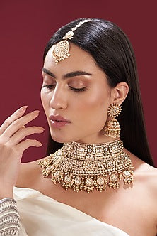 Gold Finish Kundan Polki & Pearl Necklace Set