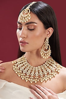 Gold Finish Kundan Polki & Pearl Necklace Set