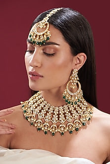 Gold Finish Kundan Polki & Pearl Necklace Set