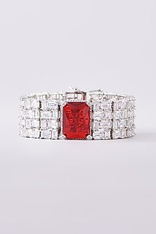 White Finish Zircon & Ruby Stone Cuff Bracelet