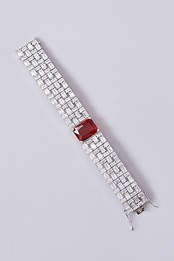 White Finish Zircon & Ruby Stone Cuff Bracelet