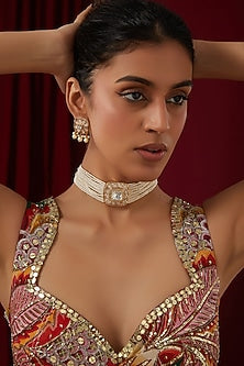 Gold Finish Kundan Polki & Pearl Choker Necklace Set