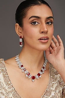 White Finish Zircon & Ruby Stone Necklace Set