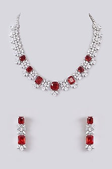 White Finish Zircon & Ruby Stone Necklace Set