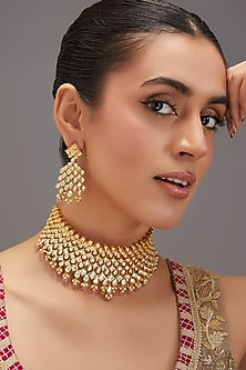 Gold Finish Kundan Polki & Peach Pearl Choker Necklace Set