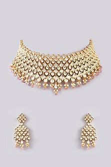 Gold Finish Kundan Polki & Peach Pearl Choker Necklace Set