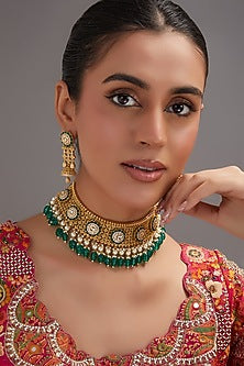 Gold Finish Kundan Polki & Emerald Pearl Choker Necklace Set