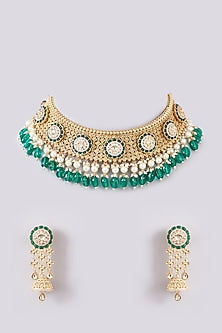 Gold Finish Kundan Polki & Emerald Pearl Choker Necklace Set