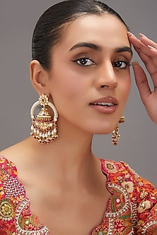 Gold Finish Kundan Polki & Pearl Chandbali Earrings