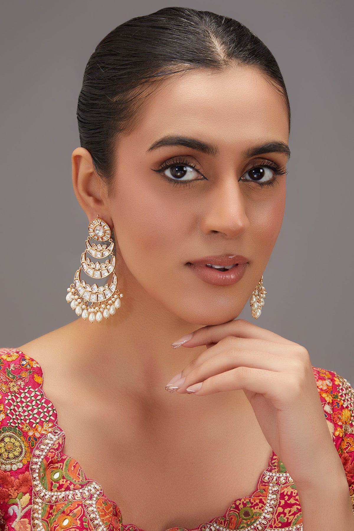 Gold Finish Kundan Polki & Pearl Dangler Earrings