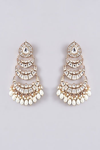 Gold Finish Kundan Polki & Pearl Dangler Earrings