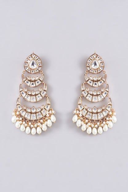Gold Finish Kundan Polki & Pearl Dangler Earrings