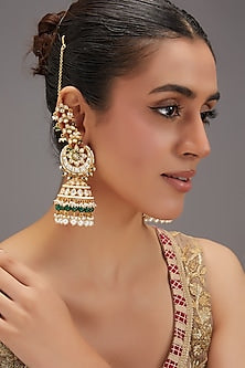 Gold Finish Kundan Polki & Pearl Jhumka Earrings