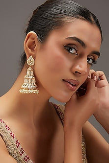 Gold Finish Kundan Polki & Pearl Jhumka Earrings