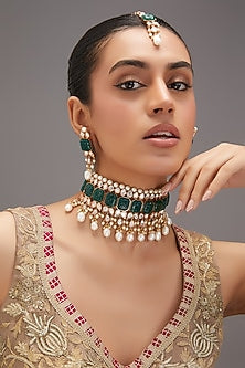 Black Rhodium Finish Kundan Polki & Emerald Stone Choker Necklace Set