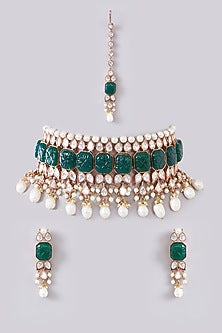 Black Rhodium Finish Kundan Polki & Emerald Stone Choker Necklace Set