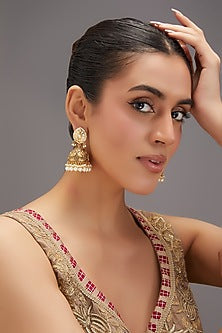 Gold Finish Kundan Polki & Pearl Jhumka Earrings