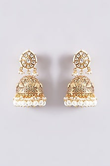 Gold Finish Kundan Polki & Pearl Jhumka Earrings