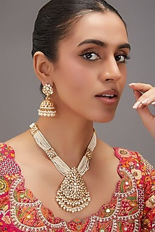 Gold Finish Kundan Polki & Pearl Necklace Set