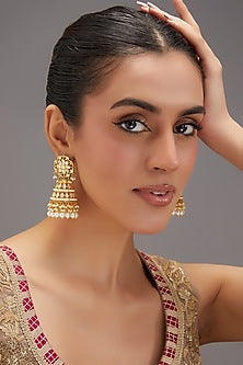 Gold Finish Kundan Polki & Pearl Jhumka Earrings