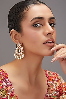 Gold Finish Kundan Polki & Pearl Dangler Earrings