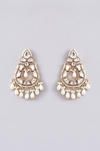 Gold Finish Kundan Polki & Pearl Dangler Earrings