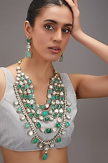 Black Rhodium Finish Kundan Polki & Green Stone Layered Necklace Set