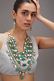 Black Rhodium Finish Kundan Polki & Green Stone Layered Necklace Set