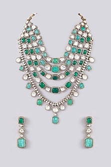 Black Rhodium Finish Kundan Polki & Green Stone Layered Necklace Set
