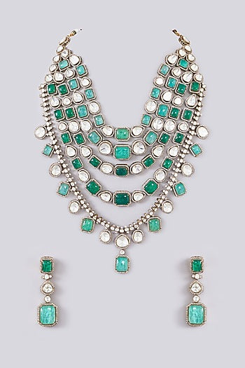 Black Rhodium Finish Kundan Polki & Green Stone Layered Necklace Set