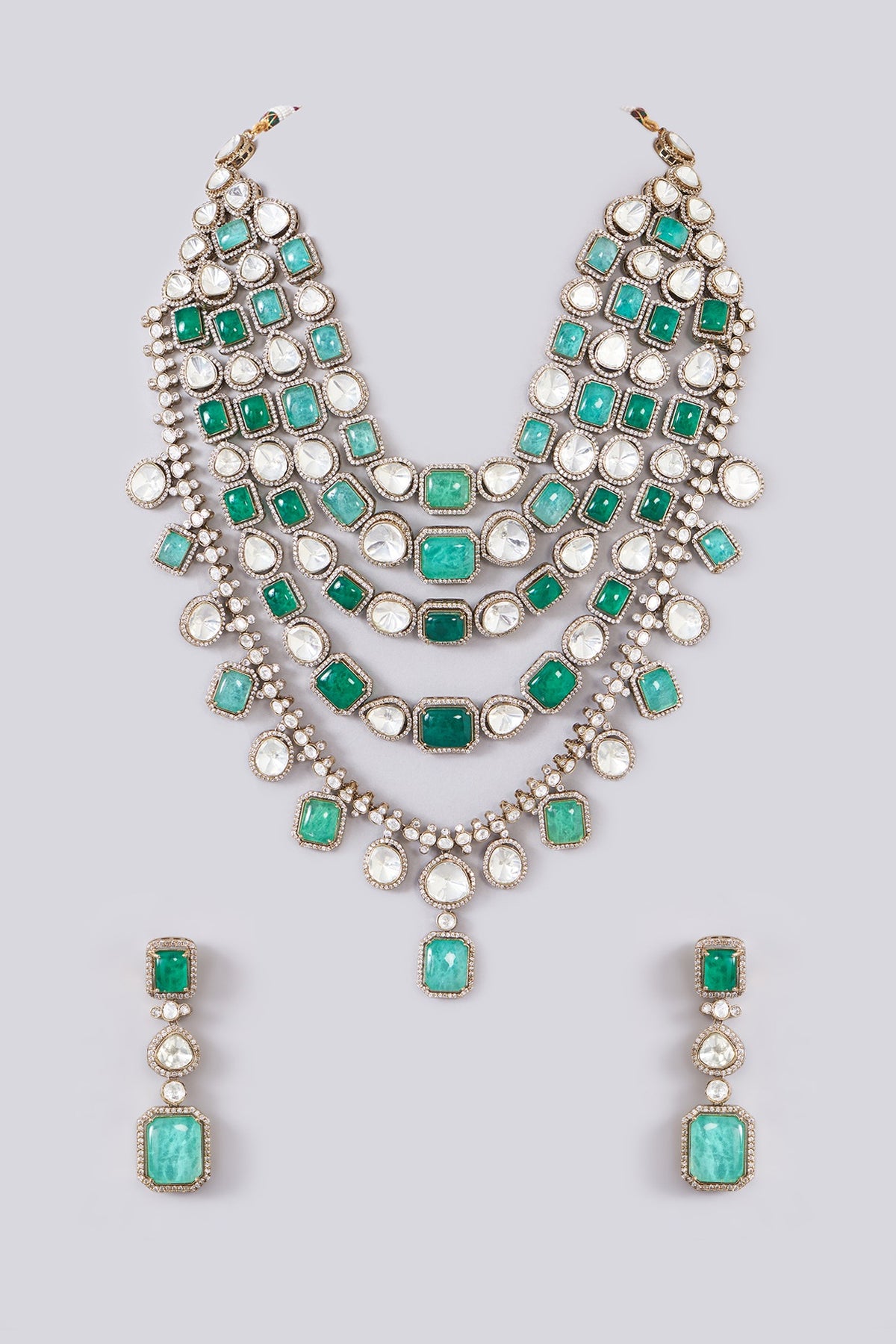Black Rhodium Finish Kundan Polki & Green Stone Layered Necklace Set