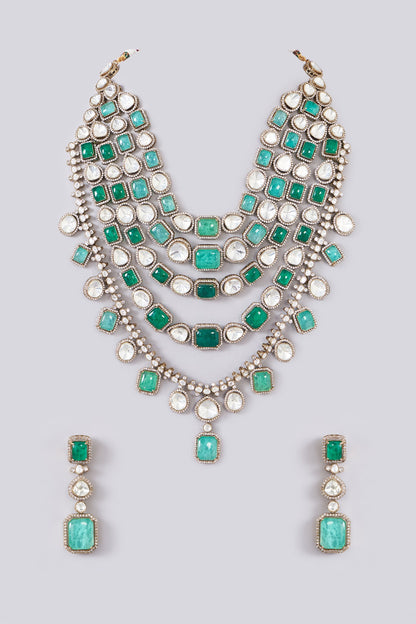 Black Rhodium Finish Kundan Polki & Green Stone Layered Necklace Set