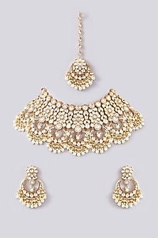 Gold Plated Kundan Polki & Pearl Necklace Set