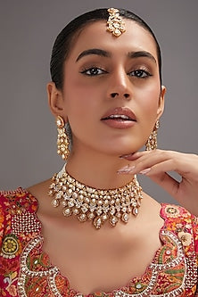 Gold Plated Kundan Polki & Pearl Choker Necklace Set