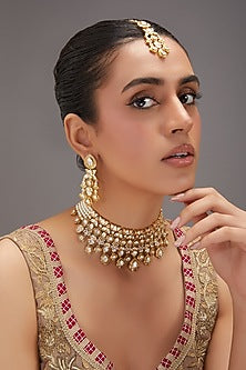 Gold Plated Kundan Polki & Pearl Choker Necklace Set