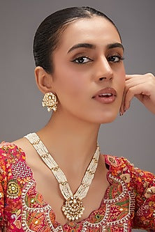 Gold Finish Kundan Polki & Pearl Long Necklace Set