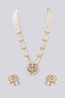 Gold Finish Kundan Polki & Pearl Long Necklace Set