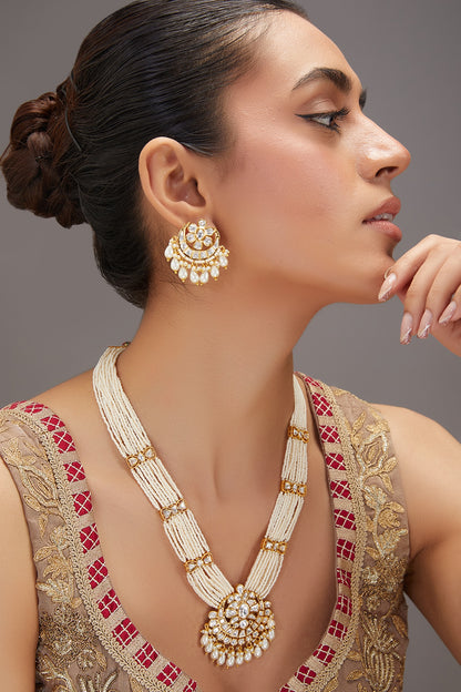 Gold Finish Kundan Polki & Pearl Long Necklace Set