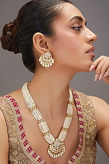Gold Finish Kundan Polki & Pearl Long Necklace Set
