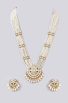 Gold Finish Kundan Polki & Pearl Long Necklace Set