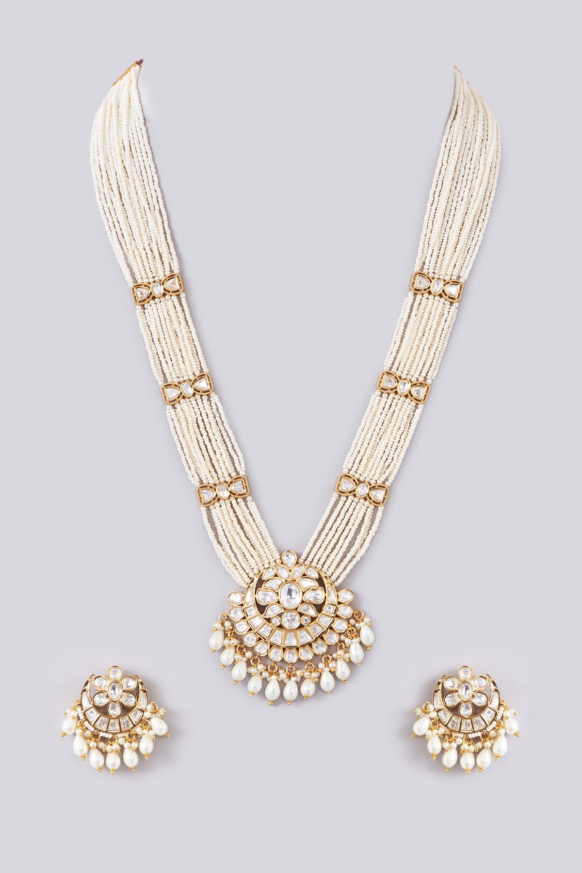 Gold Finish Kundan Polki & Pearl Long Necklace Set