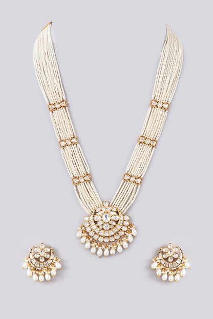 Gold Finish Kundan Polki & Pearl Long Necklace Set