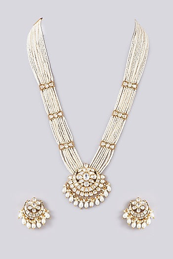 Gold Finish Kundan Polki & Pearl Long Necklace Set