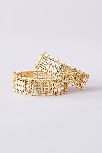 Gold Finish Kundan Polki Kadas (Set of 2)