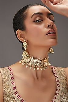 Gold Plated Kundan Polki & Pearl Choker Necklace Set