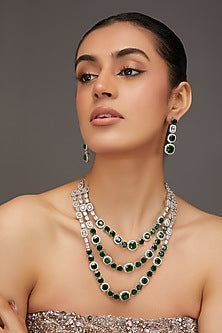 White Finish Zircon & Emerald Stone Layered Necklace Set