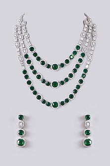 White Finish Zircon & Emerald Stone Layered Necklace Set
