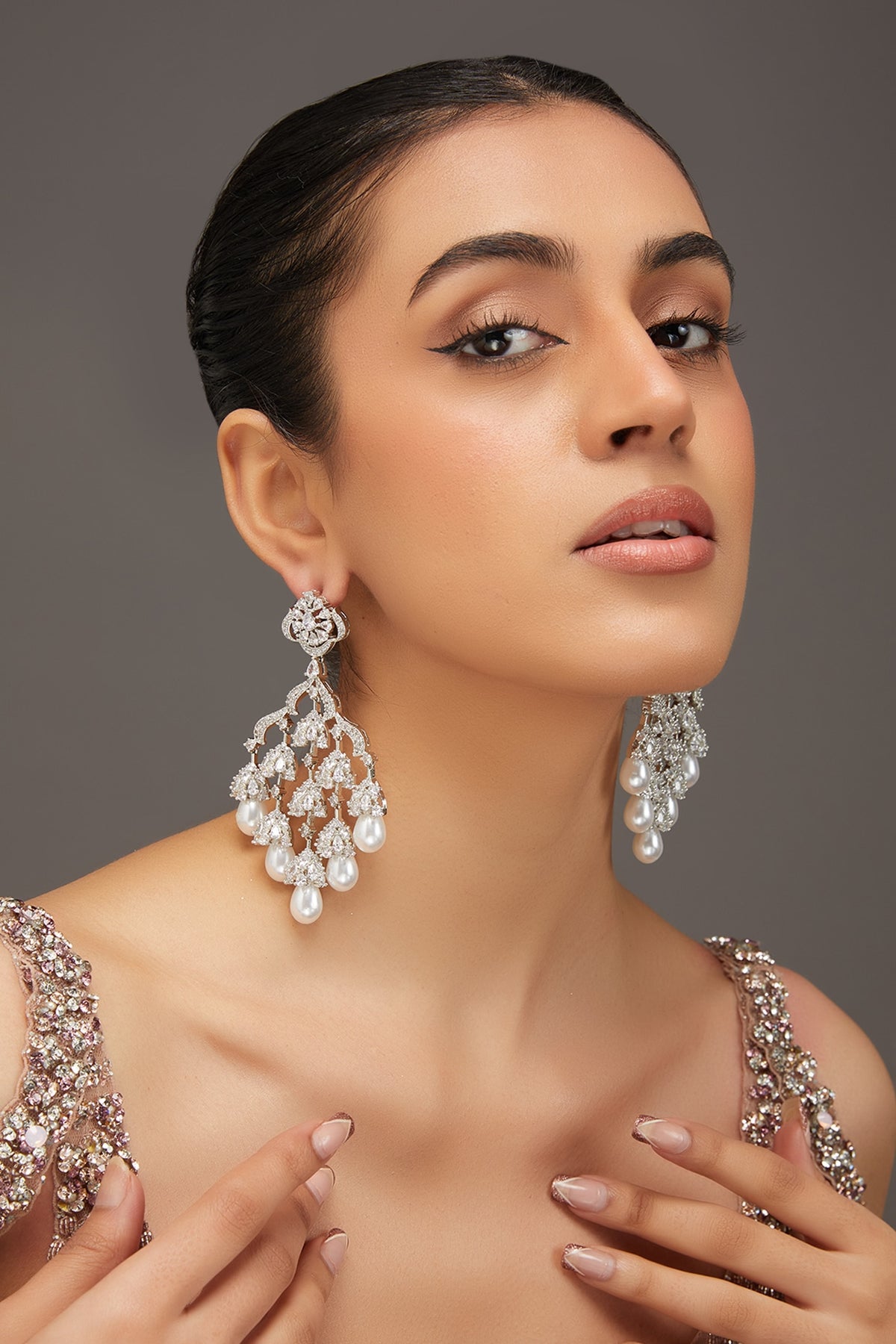 White Finish Zircon & Pearl Dangler Earrings
