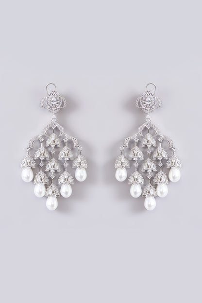 White Finish Zircon & Pearl Dangler Earrings